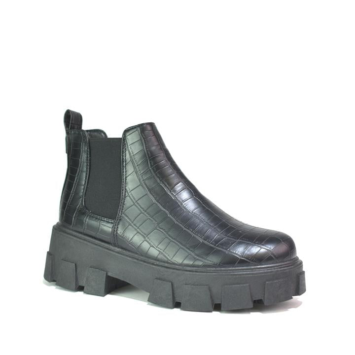 Womens Chelsea Platform Ankle Boots Black Croc PU