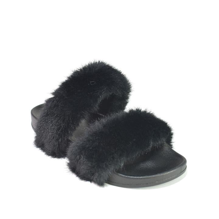 Double Strap Faux Fur Sliders Black