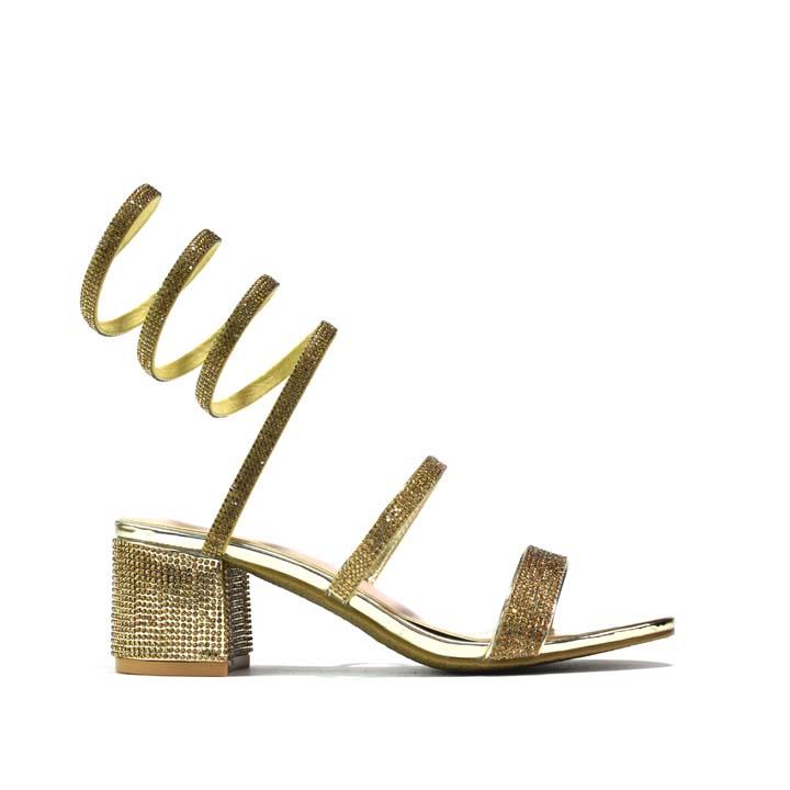 Snake-Strap Block Heeled Sandals Gold