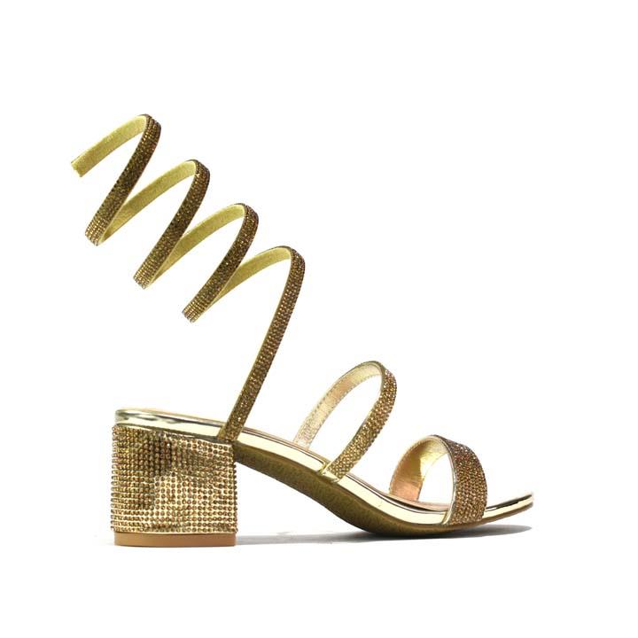 Snake-Strap Block Heeled Sandals Gold