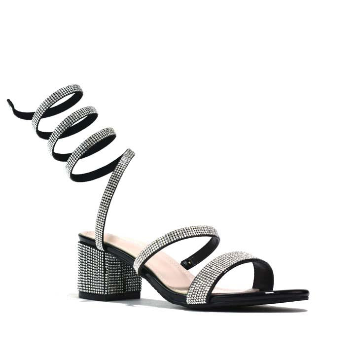 Snake-Strap Block Heeled Sandals Black