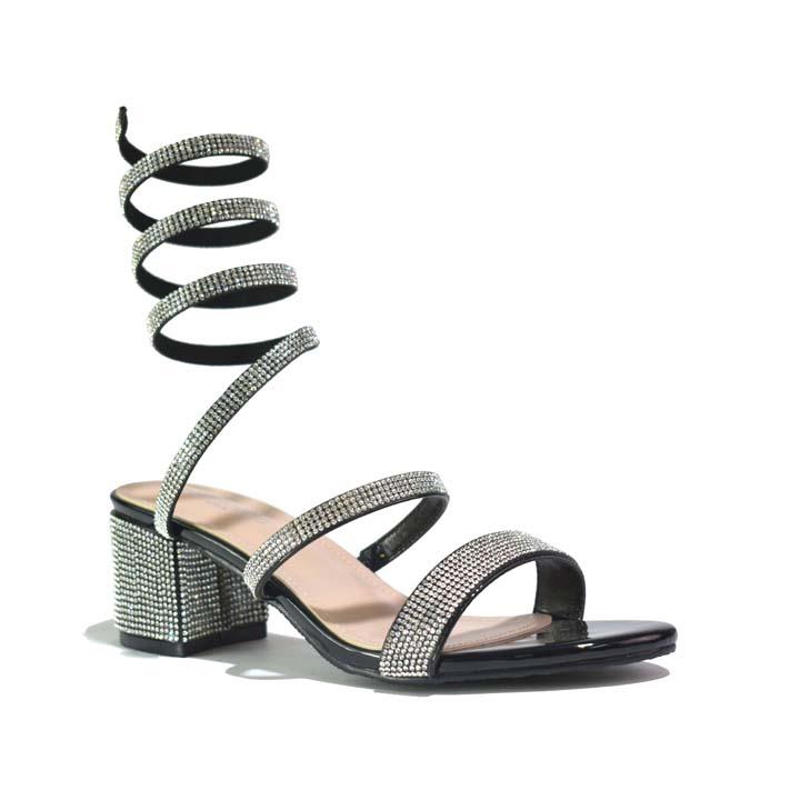 Snake-Strap Block Heeled Sandals Black