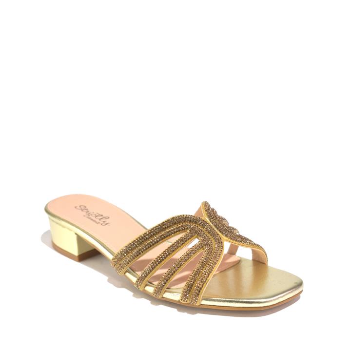 Women Dress Low Block Heel Sandal Gold