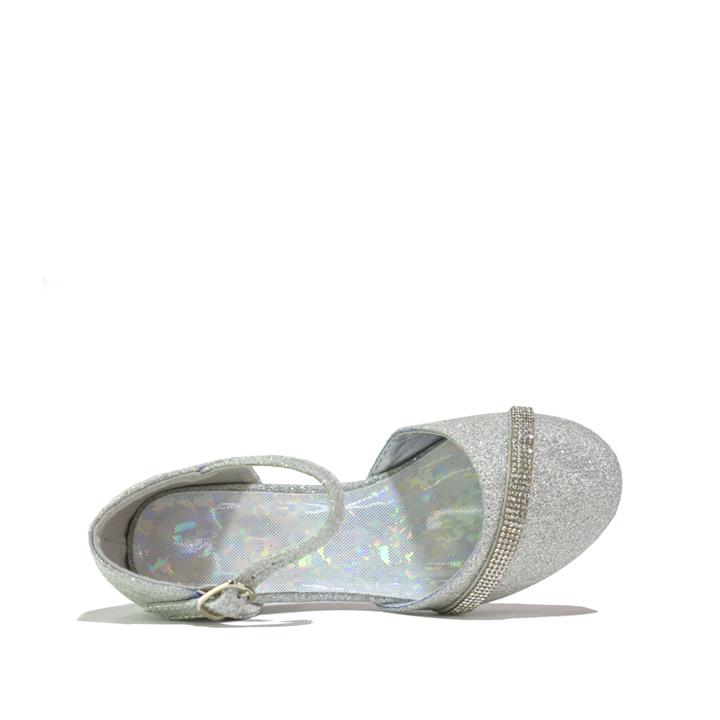 Girls Low Block Heels Diamante Sandals Silver