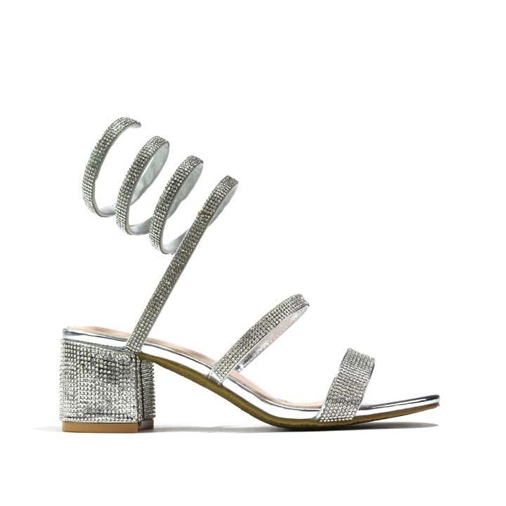 Snake-Strap Block Heeled Sandals Silver