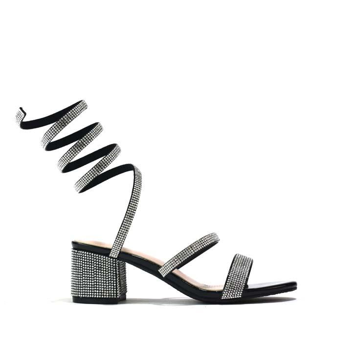 Snake-Strap Block Heeled Sandals Black