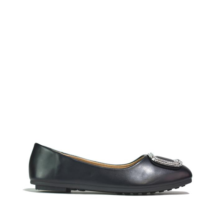 Silver Square Buckle Ballet Flats Black PU