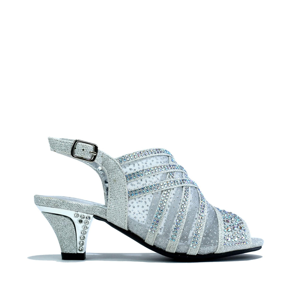 Girl's Low Heel Slingback Mesh Sandals Silver