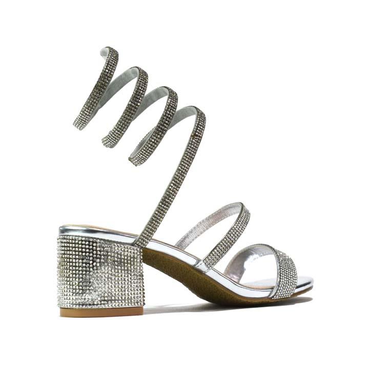 Snake-Strap Block Heeled Sandals Silver