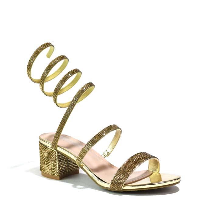 Snake-Strap Block Heeled Sandals Gold