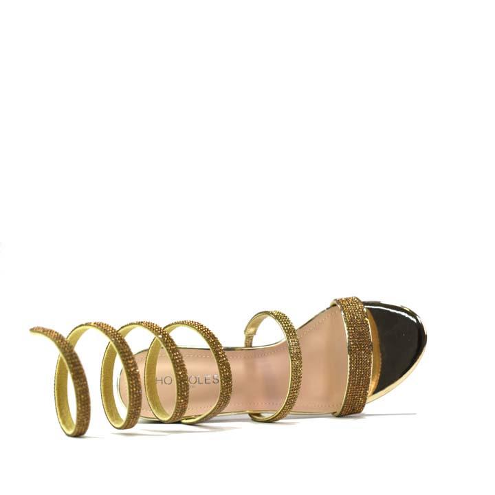 Snake-Strap Block Heeled Sandals Gold