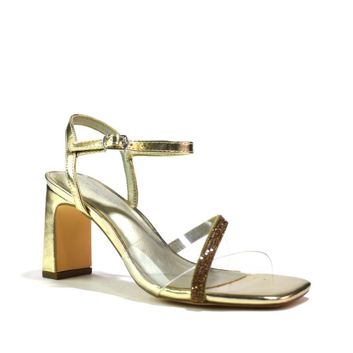 Women's Ankle Strap Rhinestone Heeled Sandals Gold