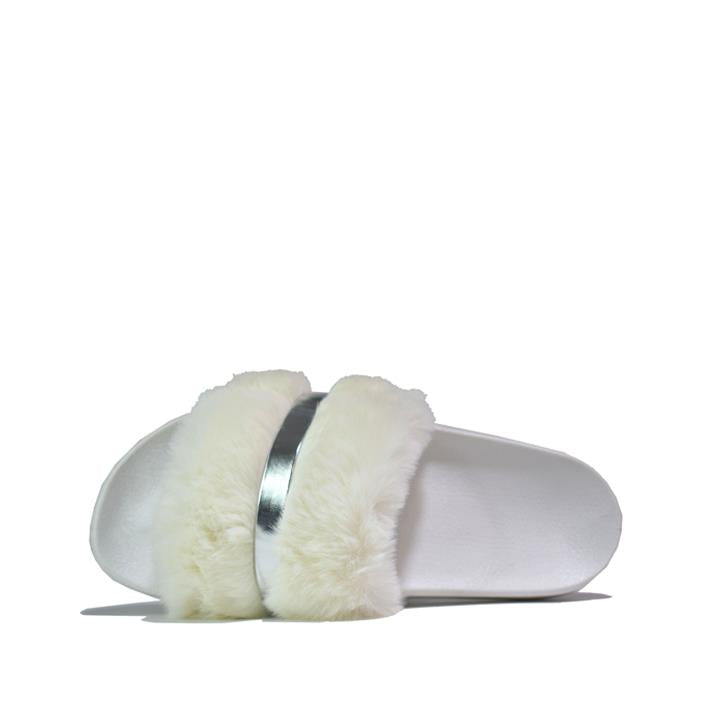 Open Toe Faux Fur Sliders White