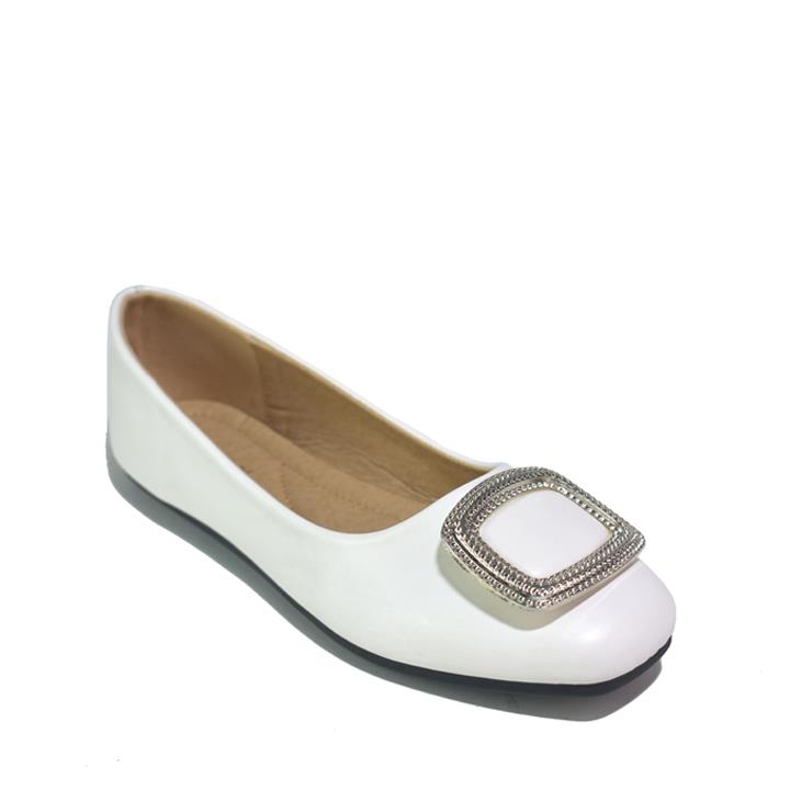 Silver Square Buckle Ballet Flats White