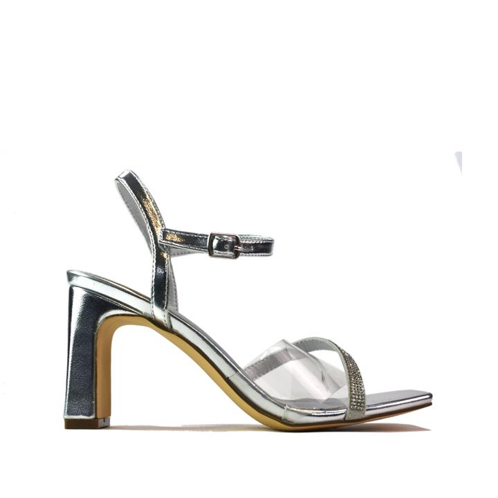 Women's Ankle Strap Rhinestone Heeled Sandals Silver