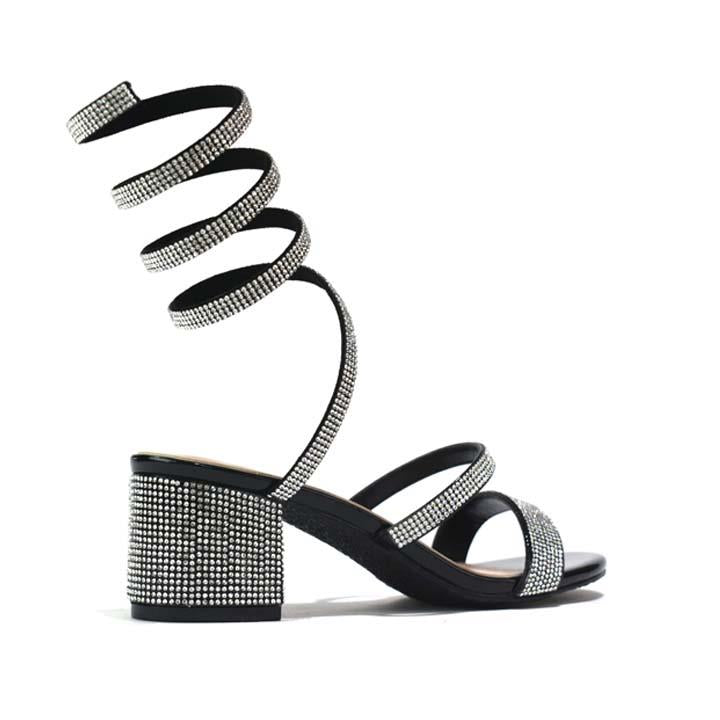 Snake-Strap Block Heeled Sandals Black