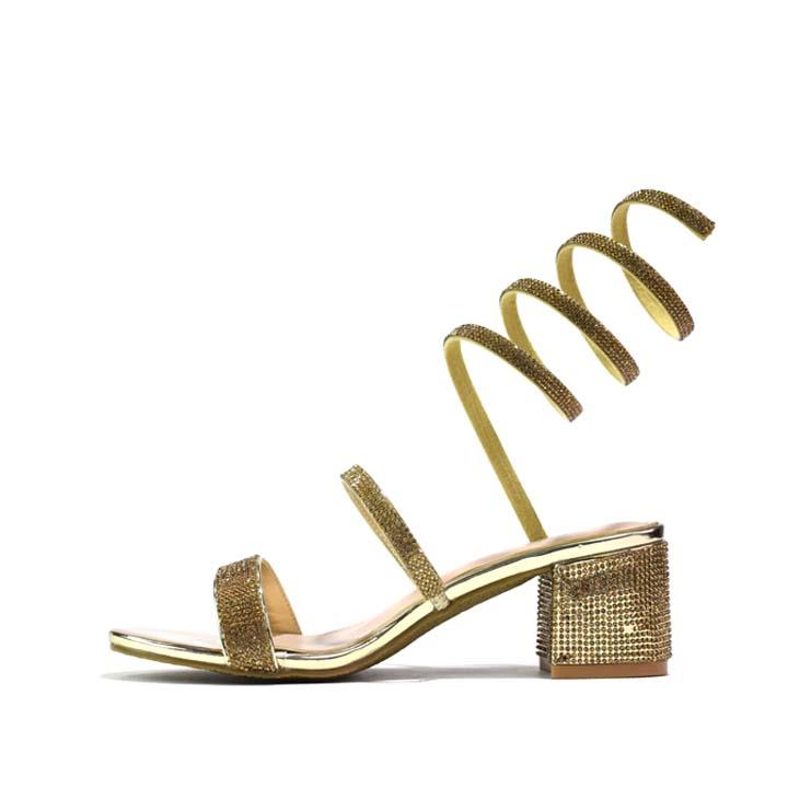 Snake-Strap Block Heeled Sandals Gold