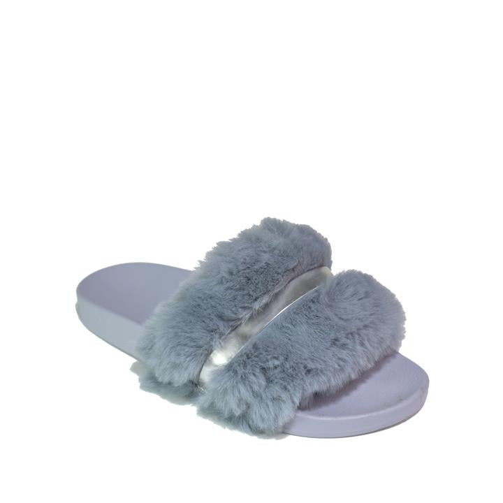 Open Toe Faux Fur Sliders Grey