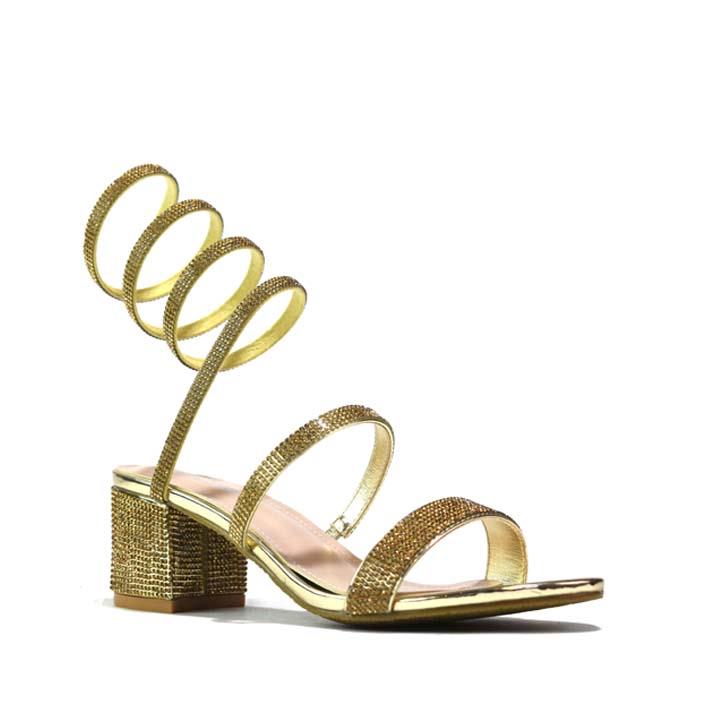 Snake-Strap Block Heeled Sandals Gold