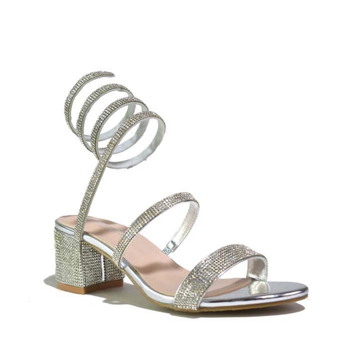 Snake-Strap Block Heeled Sandals Silver