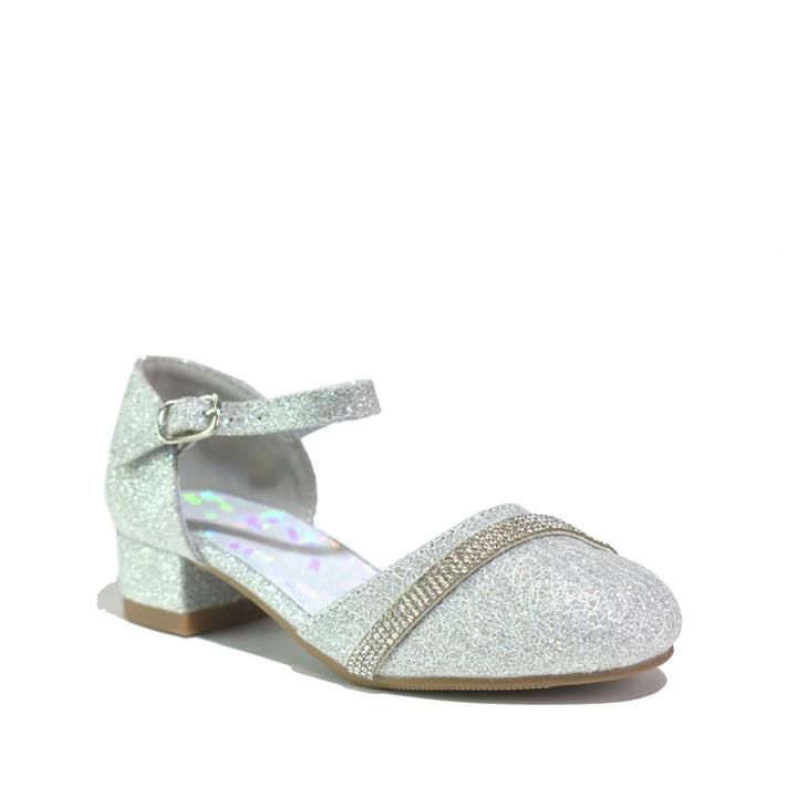 Girls Low Block Heels Diamante Sandals Silver