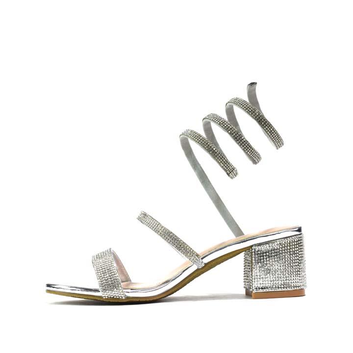 Snake-Strap Block Heeled Sandals Silver