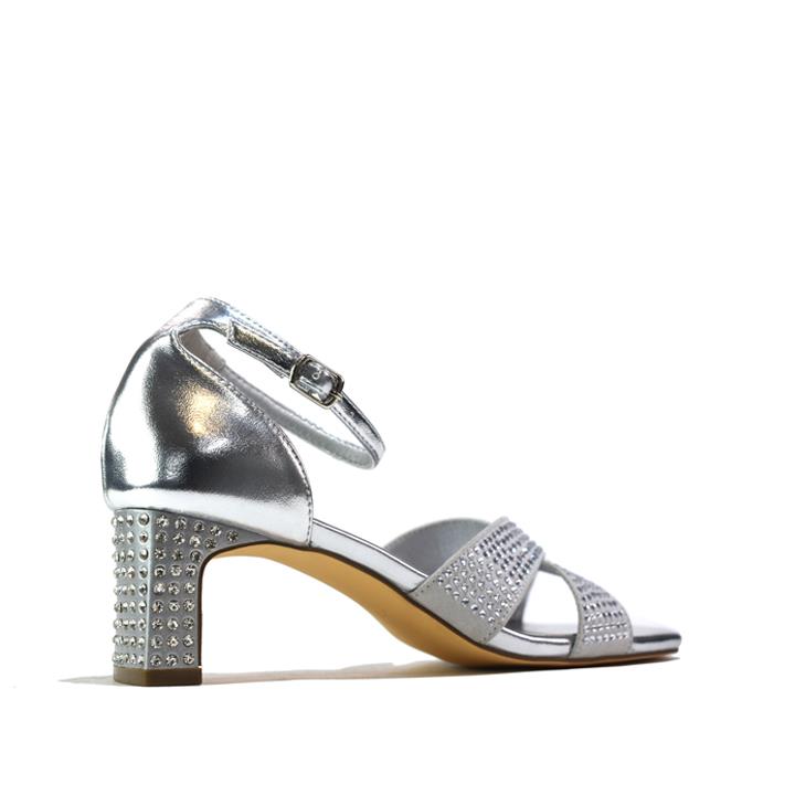 Women's Ankle Strap Block Heels Sandals Silver