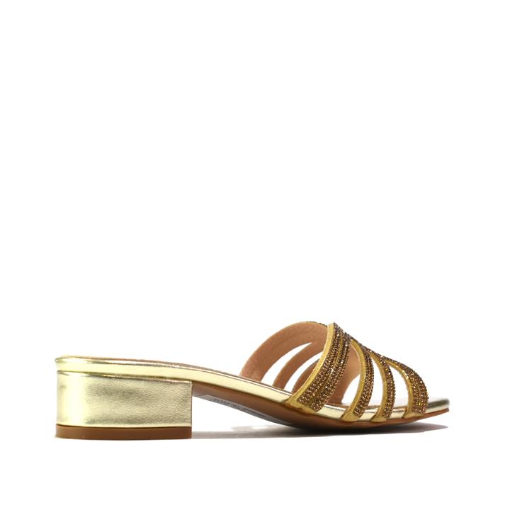 Women Dress Low Block Heel Sandal Gold