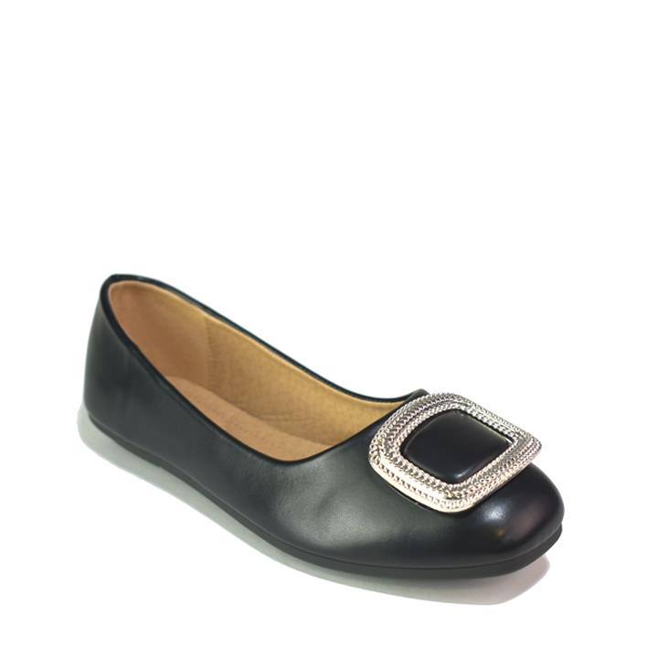 Silver Square Buckle Ballet Flats Black PU